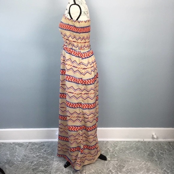 SANS Souci Smocked Strapless Aztec Tribal Print Maxi Dress Women's Size M Belted - Picture 9 of 12